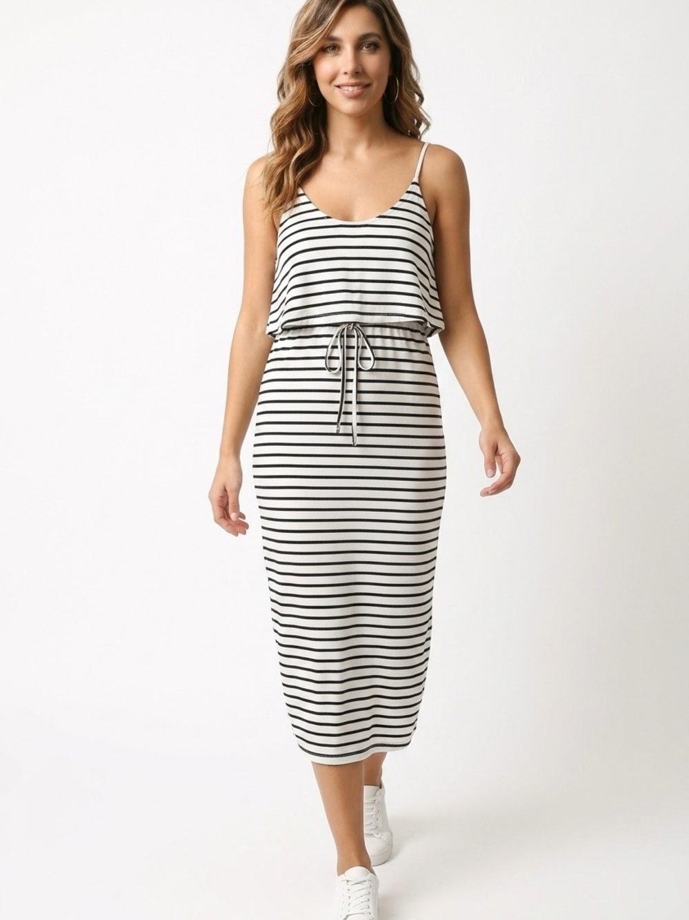 Cupshe Black and White Striped Midi Tank Dress with Drawstring